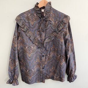 Sears Fashion Place VTG Ruffle Blouse Paisley Button Up Whimsigoth Womens 16